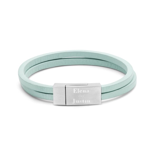 Bracelet homme personnalisé en cuir plat vert clair, double tour avec boucle argentée