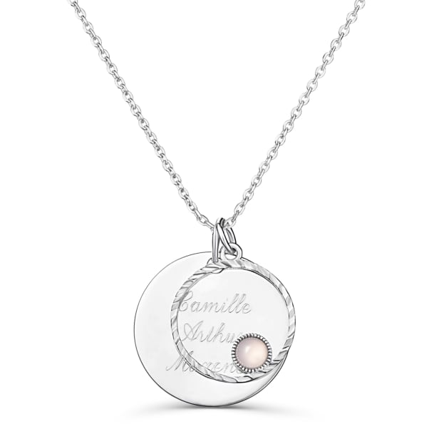 Collier personnalisé médaille lisse et charm ajouré pierre rose, argent