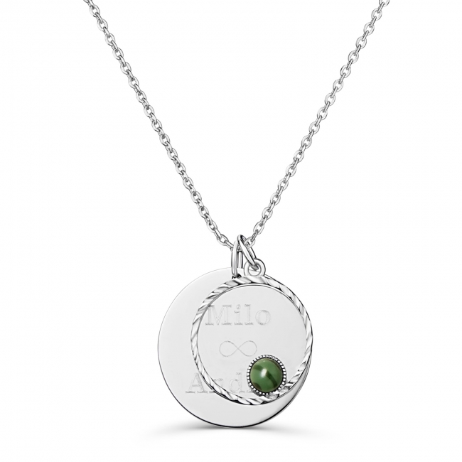 Collier médaille 20 mm Argent personnalisée et pendentif cercle avec pierre verte