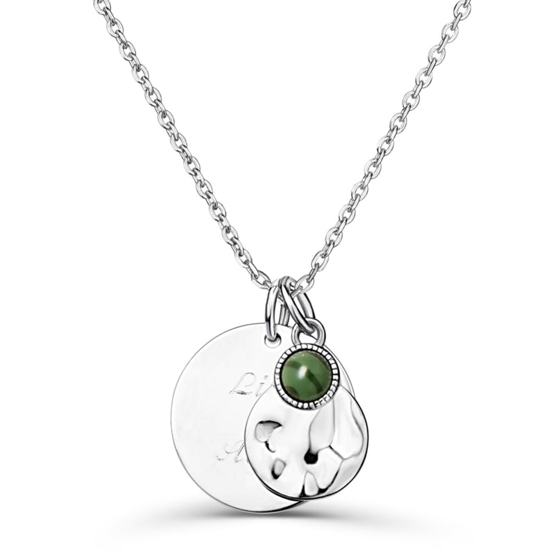 Collier médaille personnalisée grand format & son pendentif martelé pierre verte, argent