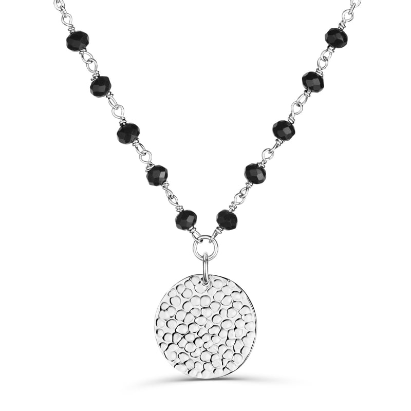 Collier chaîne pierres noires et médaille martelée gravée, argent