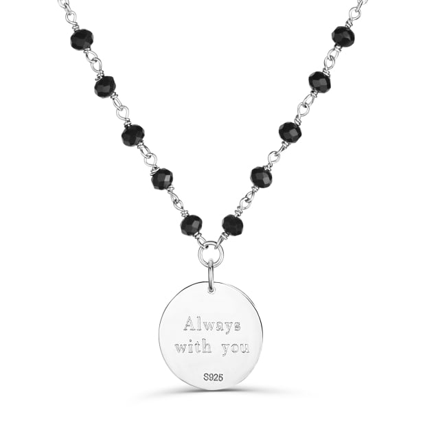 Collier chaîne pierres noires et médaille martelée gravée, argent