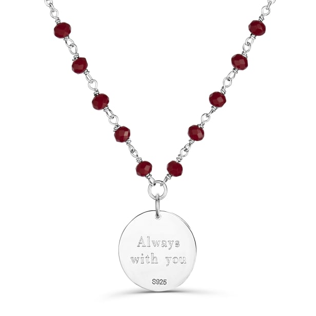 Collier chaîne pierres rouges et médaille martelée gravée, argent