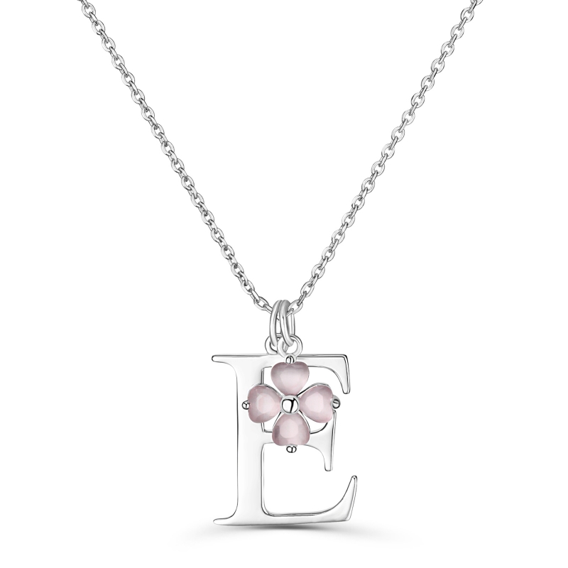 Collier charm initiale et trèfle rose, argent