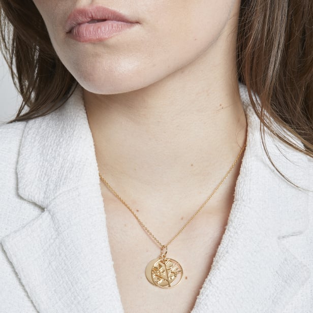 Collier gravé double médaille lisse et pendentif arbre de vie, plaqué or
