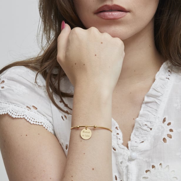 Bracelet jonc ajustable médaille personnalisée, plaqué or