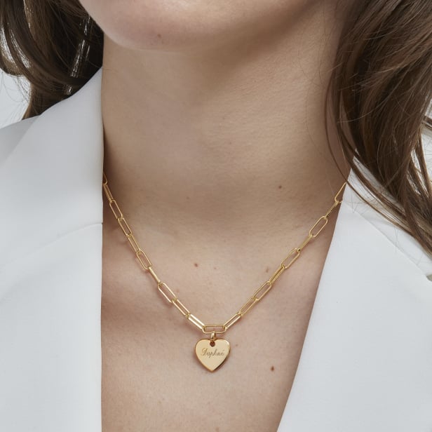 Collier Plaqué Or maille trombone avec médaille cœur 14 mm