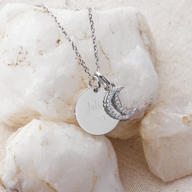 Collier médaille gravée et charm lune à strass, argent
