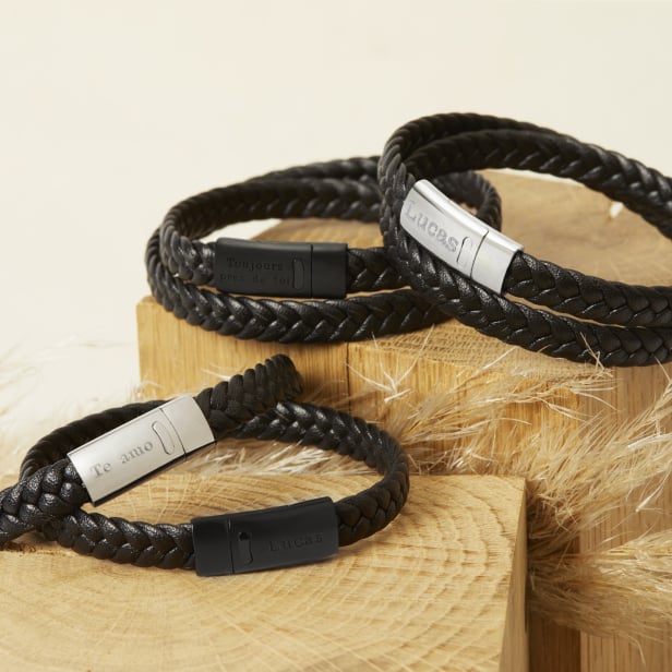 Bracelet homme personnalisé en cuir tressé noir double tour avec boucle noire