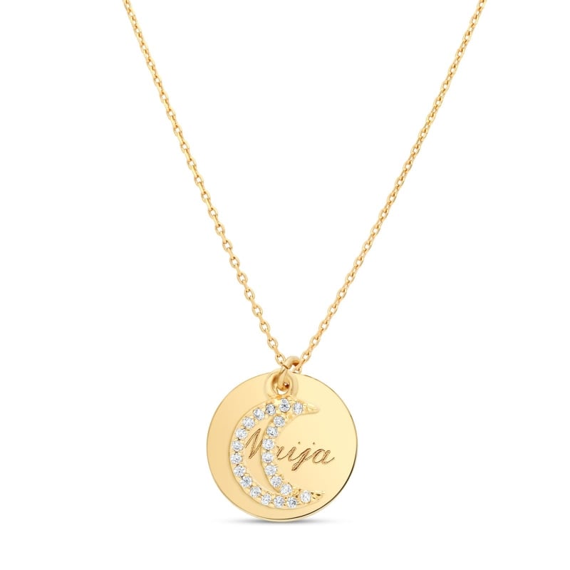 Collier enfant médaille gravée et charm lune à strass, plaqué Or
