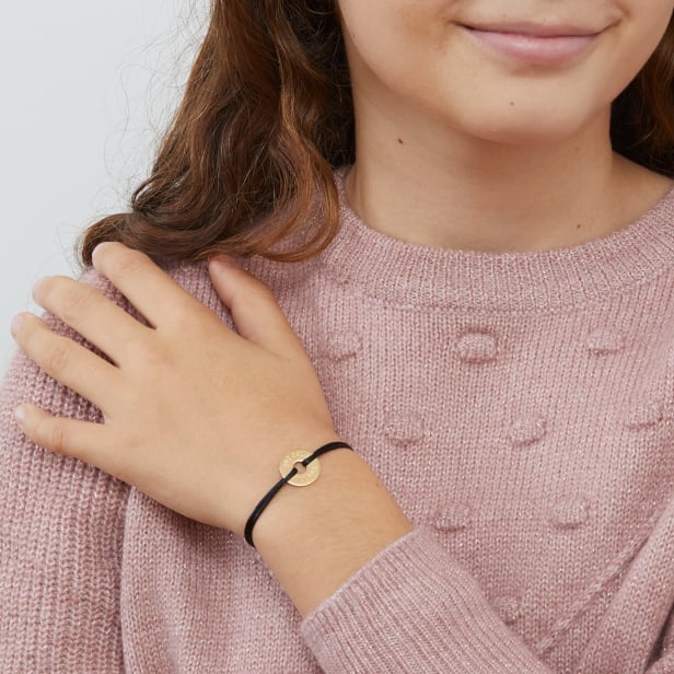 Bracelet cordon enfant médaille cible gravée, plaqué or