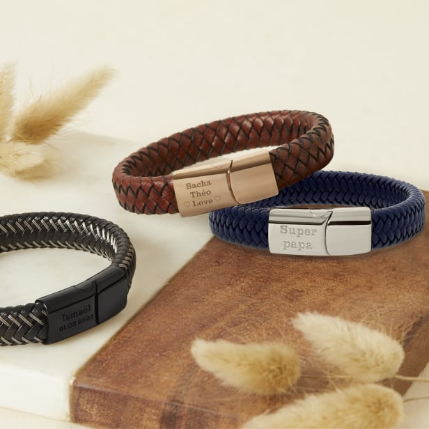 Bracelet homme cuir tressé bleu marine et boucle acier argenté