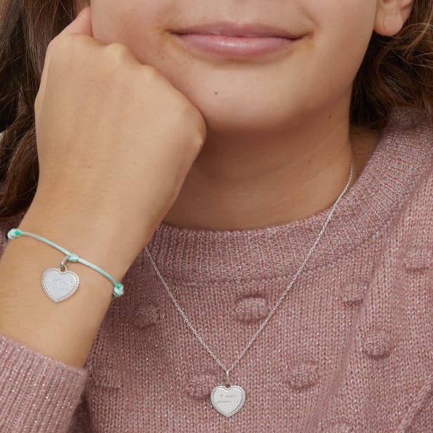 Collier personnalisé enfant pendentif coeur perlé, argent