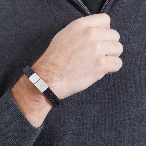 Bracelet homme personnalisé en cuir noir tressé