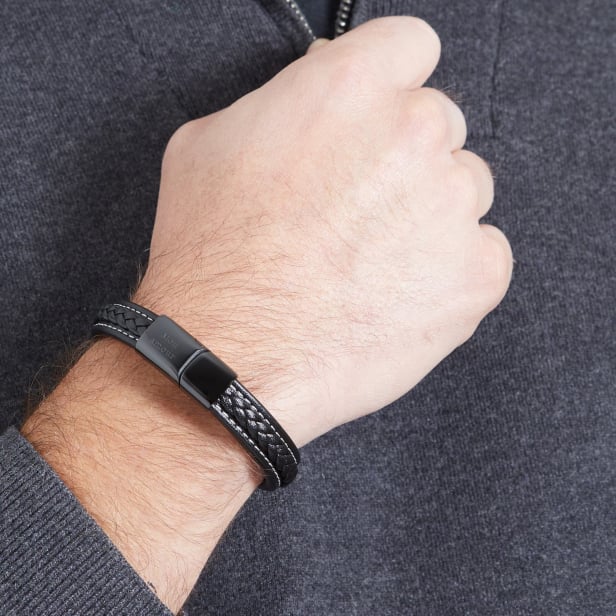 Bracelet homme gravé en cuir noir, boucle noire