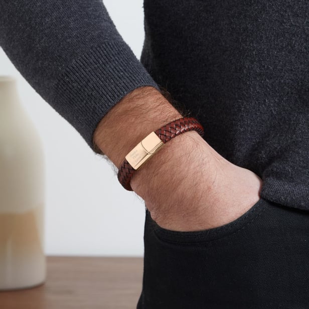Bracelet homme personnalisé en cuir tressé marron, boucle rosée