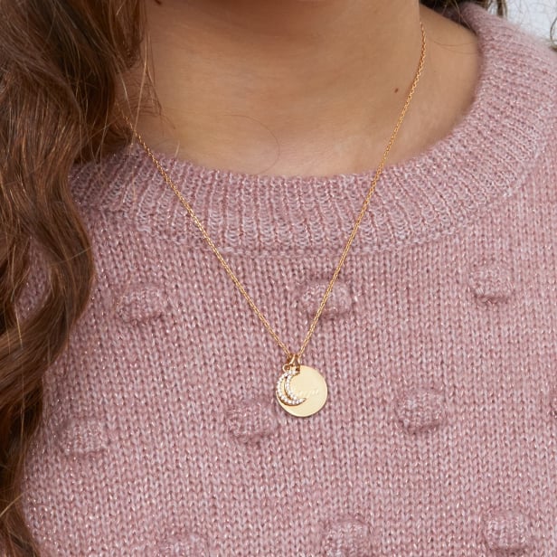 Collier enfant médaille gravée et charm lune à strass, plaqué Or