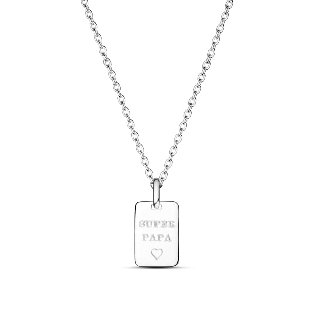 Collier homme gravée "Super papa" sur médaille rectangulaire, argent