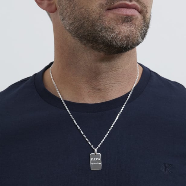 Collier homme gravée "PAPA POULE" sur médaille rectangulaire, argent