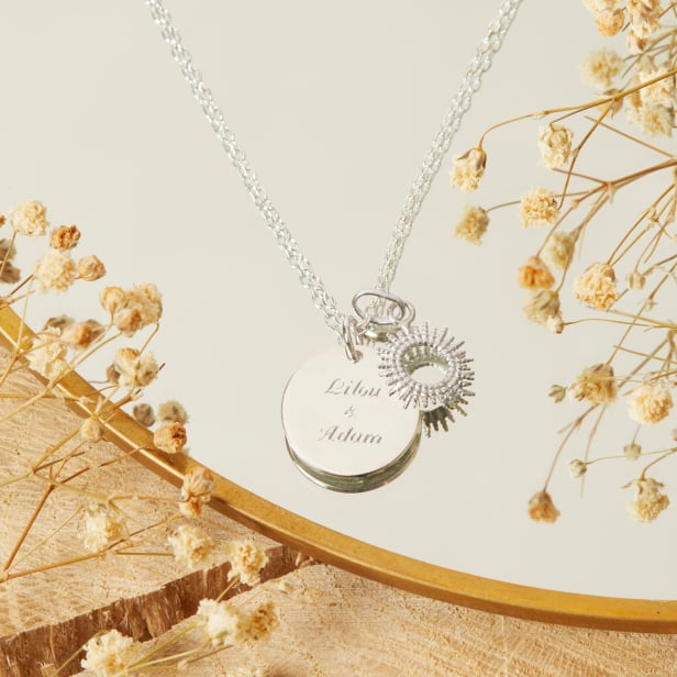 Collier enfant médaille gravée et charm soleil, argent