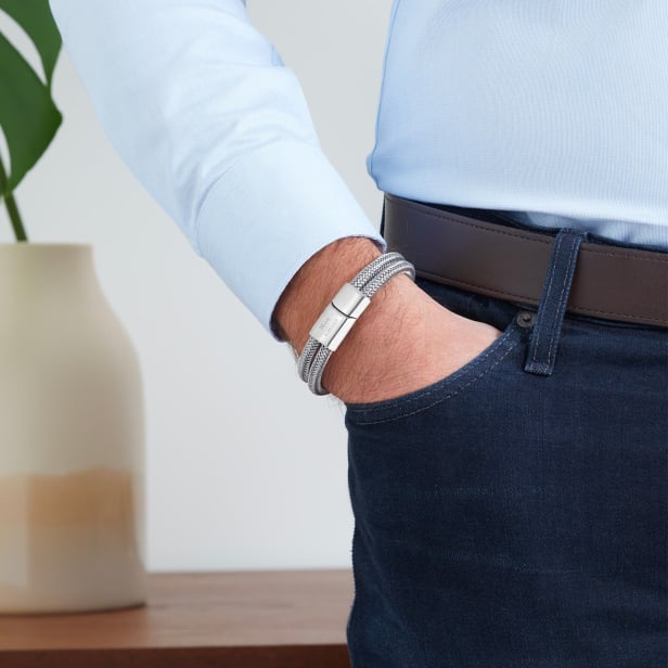 Bracelet homme personnalisé double tour metalisé gris, fermoir gris