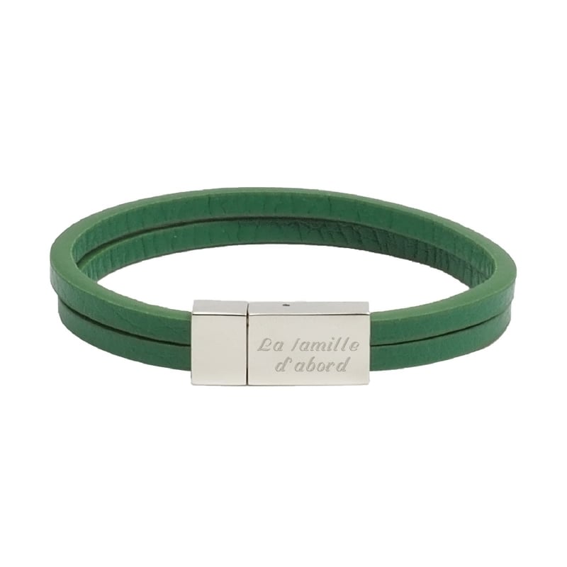 Bracelet enfant personnalisé en cuir plat vert, double tour avec boucle argentée