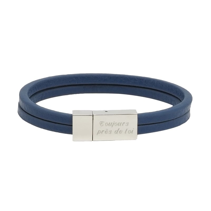 Bracelet enfant personnalisé en cuir plat bleu, double tour avec boucle argentée