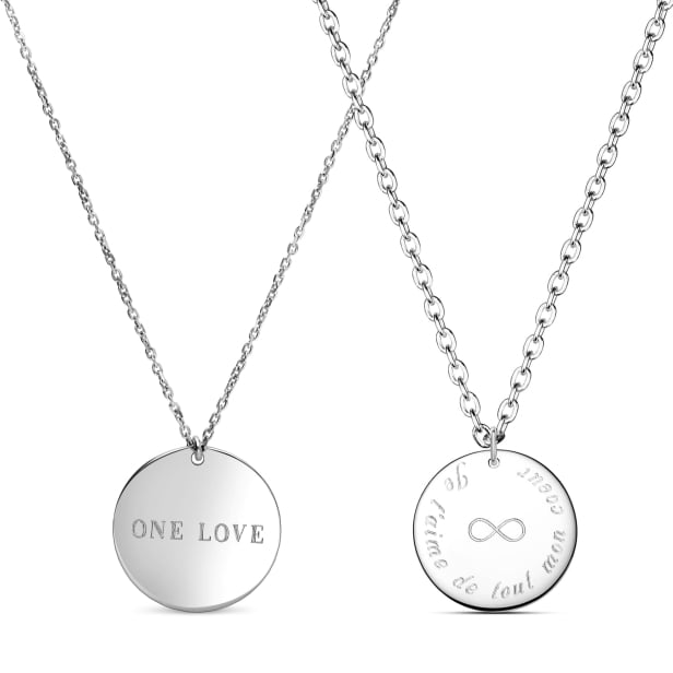 Duo colliers personnalisés homme femme médaille ronde 20 mm argent