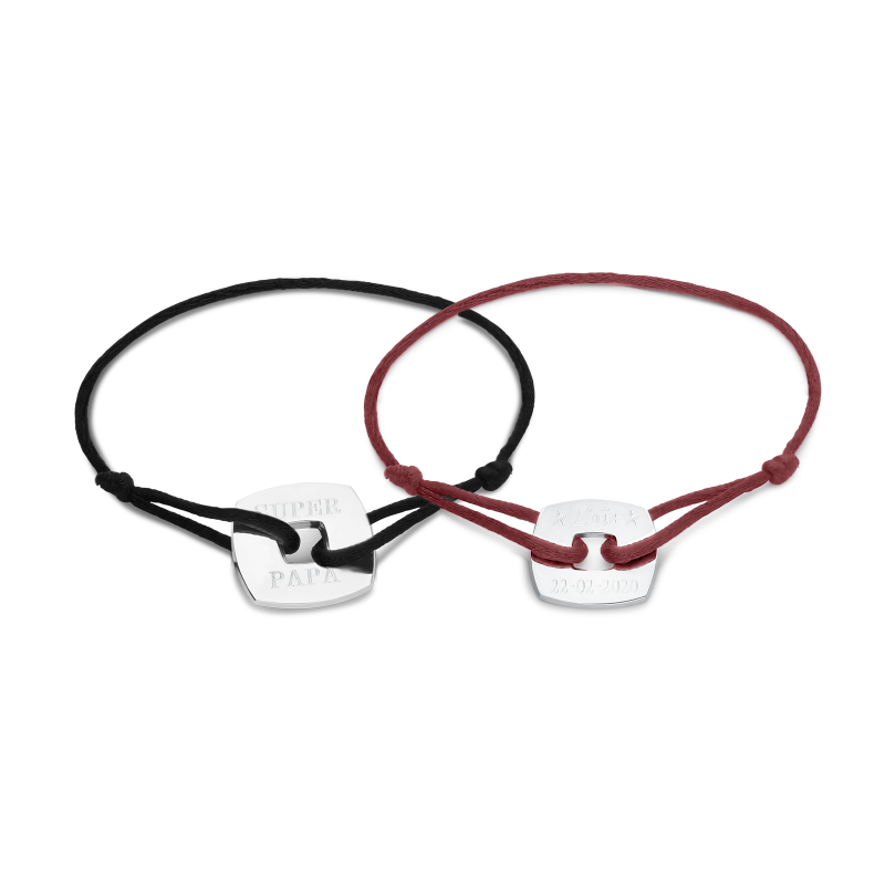 Duo bracelets cordons personnalisés homme femme médaille losange argent