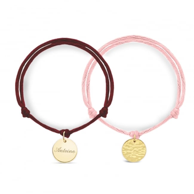 Duo bracelets cordons personnalisés mère enfant médaille ronde 15 mm