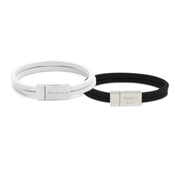 Duo bracelet personnalisable en cuir plat, double tour avec boucle argentée pour homme et femme