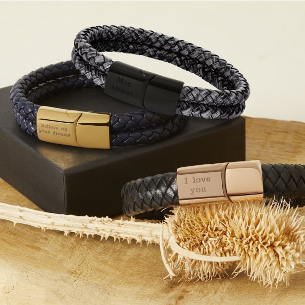 Bracelet homme personnalisé en cuir tressé double tour gris, boucle noire