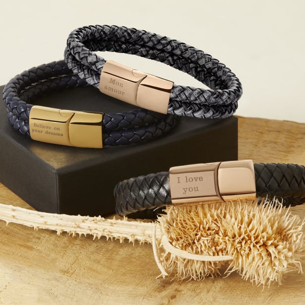 Bracelet homme personnalisé en cuir gris tressé, double tour avec boucle rosée