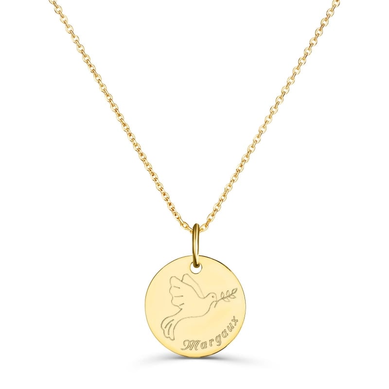 Collier personnalisé enfant dessin colombe, plaqué or