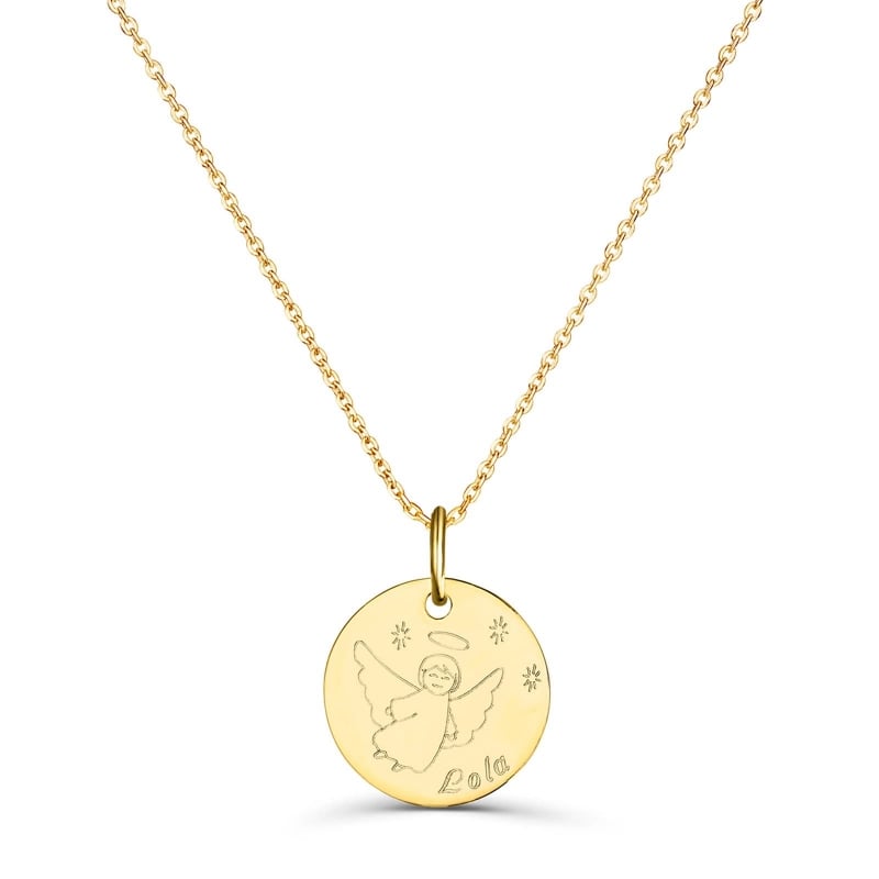 Collier personnalisé enfant médaille dessin ange, plaqué or