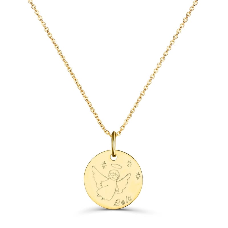 Collier personnalisé médaille 15 mm dessin ange en Plaqué Or