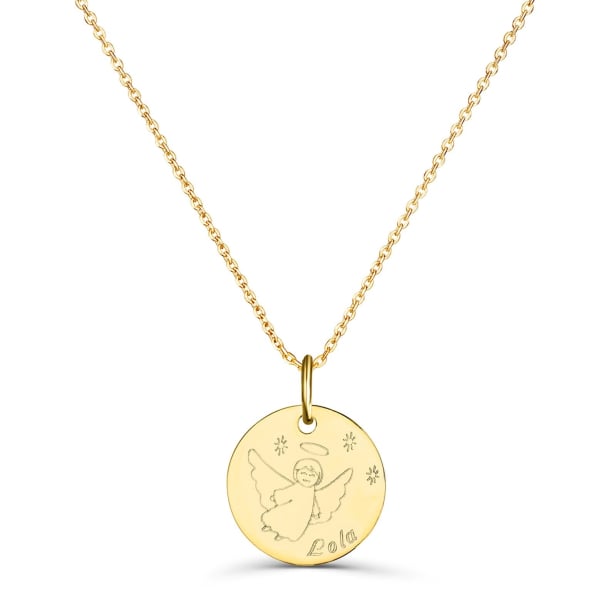 Collier personnalisé enfant médaille dessin ange, plaqué or