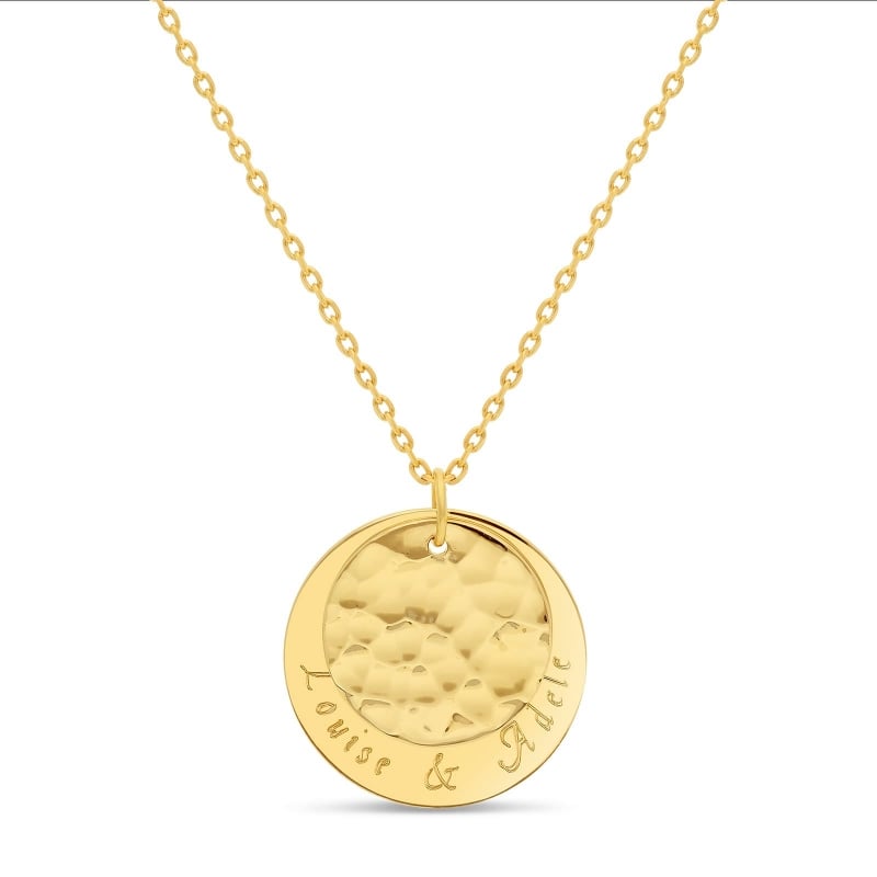 Collier personnalisé médaille gravée 20 mm et médaille martelée 15 mm en Plaqué Or