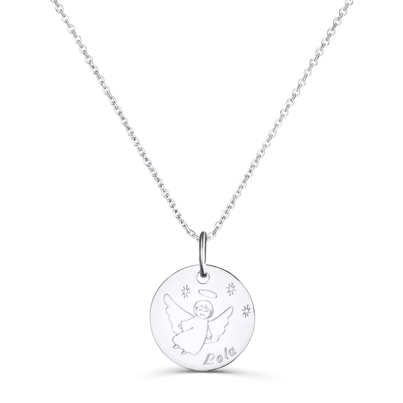 Collier personnalisé enfant médaille dessin ange, argent