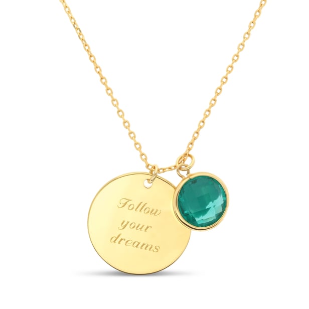 Packshot du collier personnalisé médaille martelée 20 mm Plaqué Or et pierre fine verte (arrière)