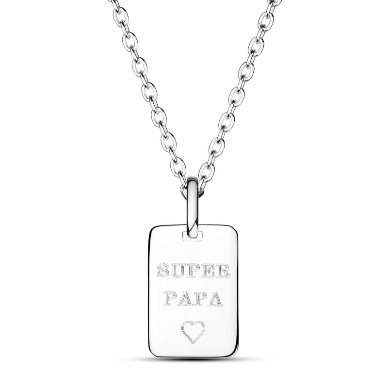Collier homme gravée "Super papa" sur médaille rectangulaire, argent