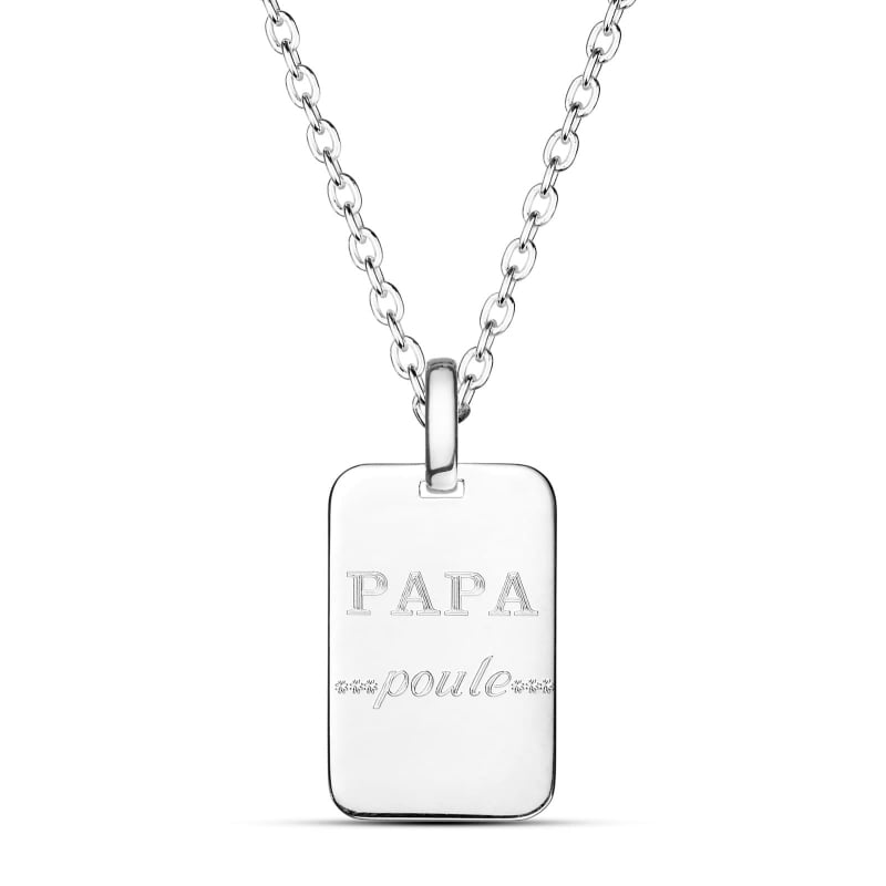 Collier homme gravée "PAPA POULE" sur médaille rectangulaire, argent