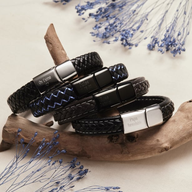 Bracelet homme personnalisé en cuir noir & bleu, boucle noire