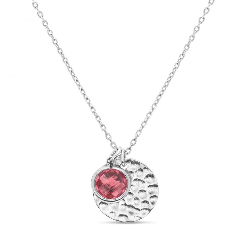 Collier personnalisé médaille martelée 14 mm Argent et pierre fine fuchsia