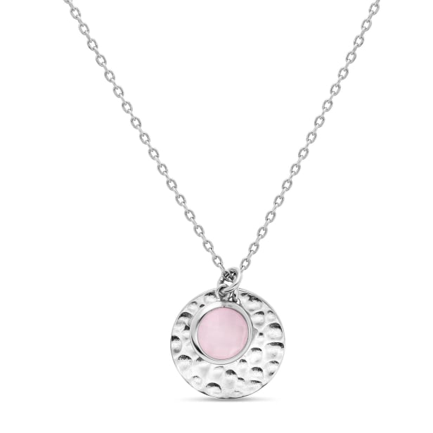 Collier personnalisé médaille martelée 14 mm Argent et pierre fine rose