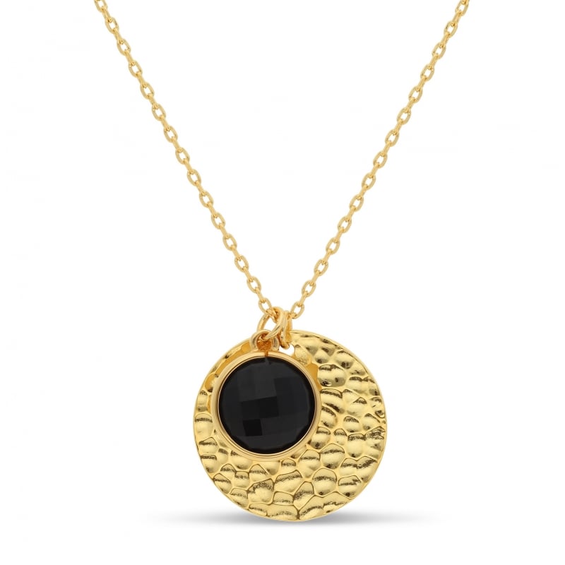 Collier personnalisé médaille martelée et pierre noire, plaqué or