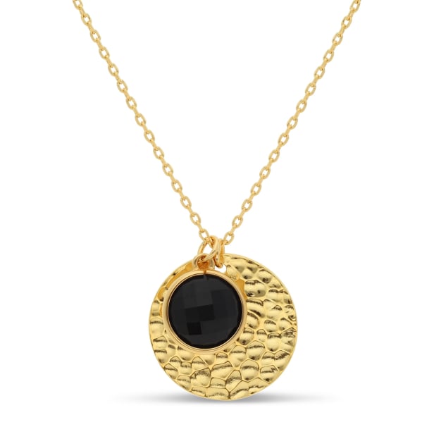 Collier personnalisé médaille martelée et pierre noire, plaqué or