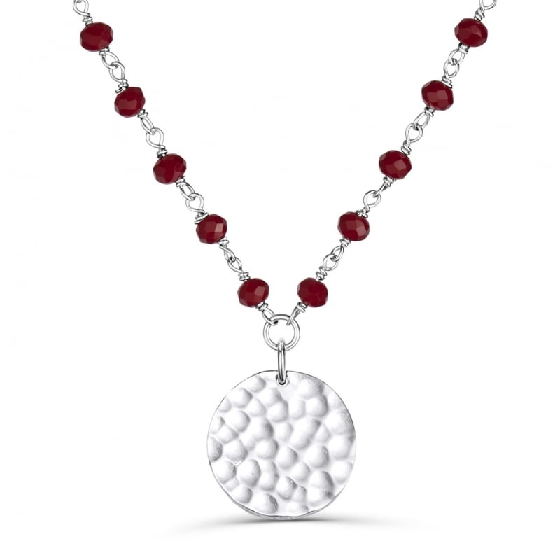 Collier chaîne pierres rouges et médaille martelée gravée, argent