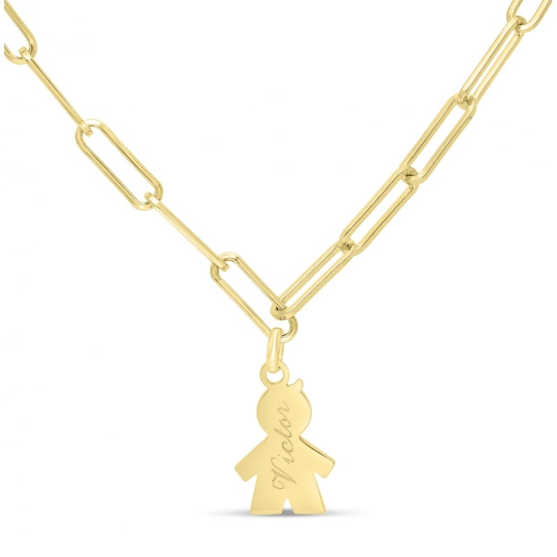 Collier personnalisé Plaqué Or, maille trombone et pendentif petit garçon 15 mm
