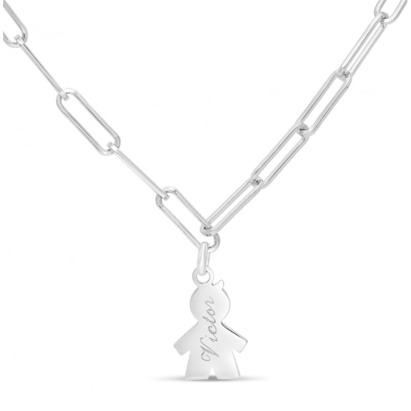 Collier personnalisé Argent, maille trombone et pendentif petit garçon 15 mm